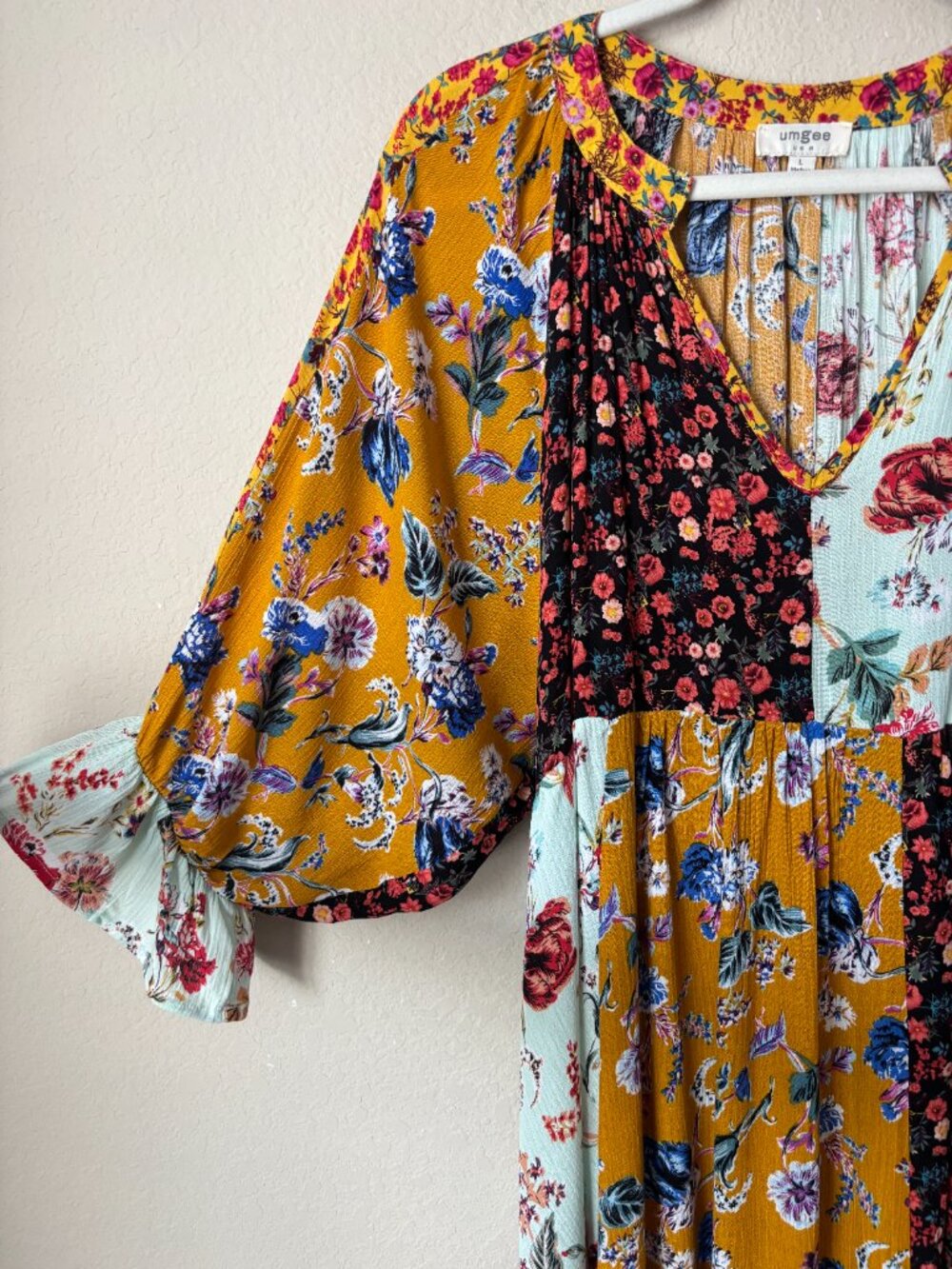 Umgee Boho Floral Mixed Print Split Neck Babydoll Peasant Mini Dress - Picture 3 of 10